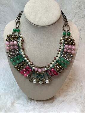 Anthropologie Pam Hiran Pink Green Beaded Bib Boho Statement Necklace A4-3